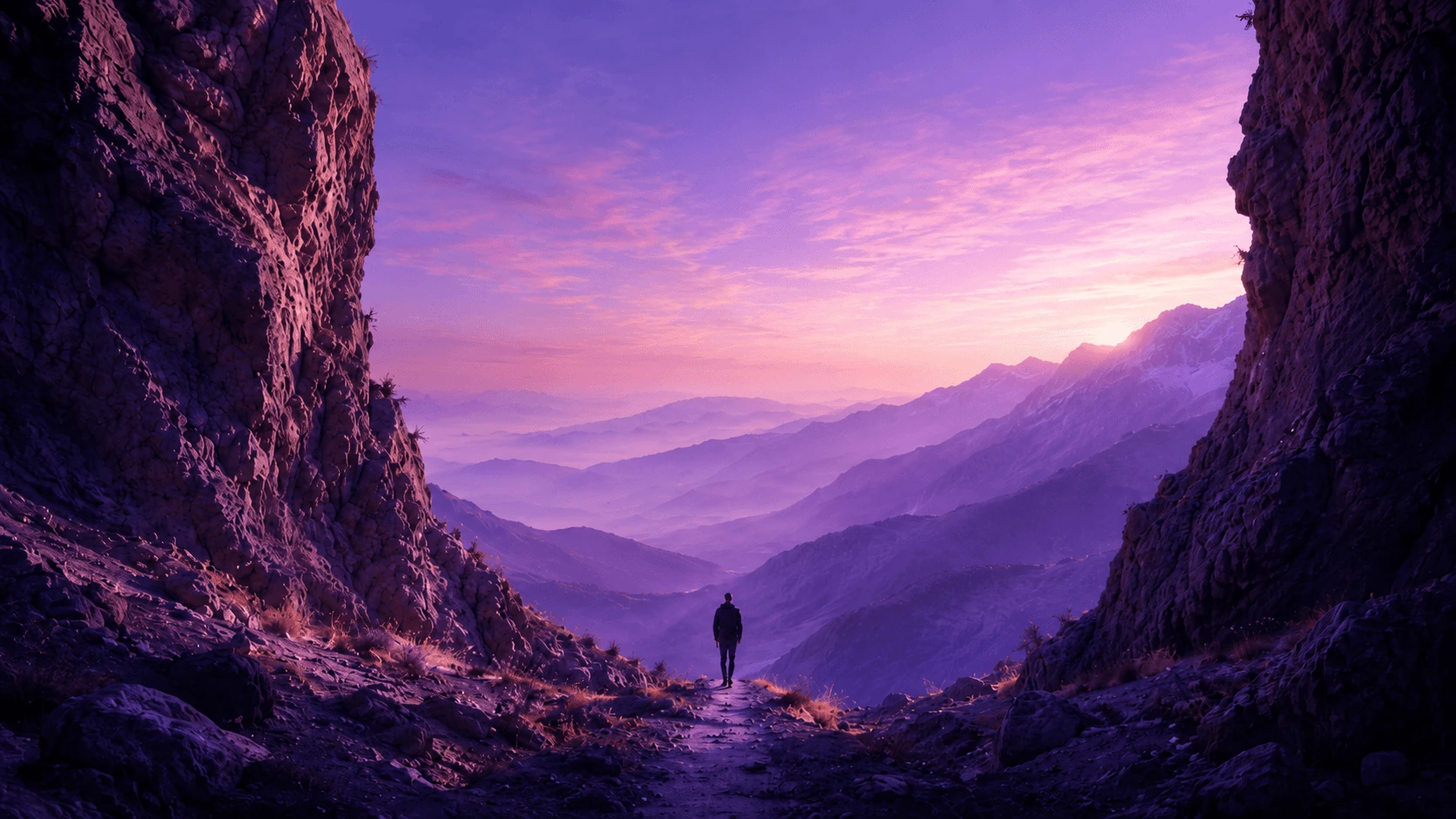 Una persona cammina tra pareti di montagna verso una valle illuminata di viola, simbolo della ricerca del proprio edge nel trading.