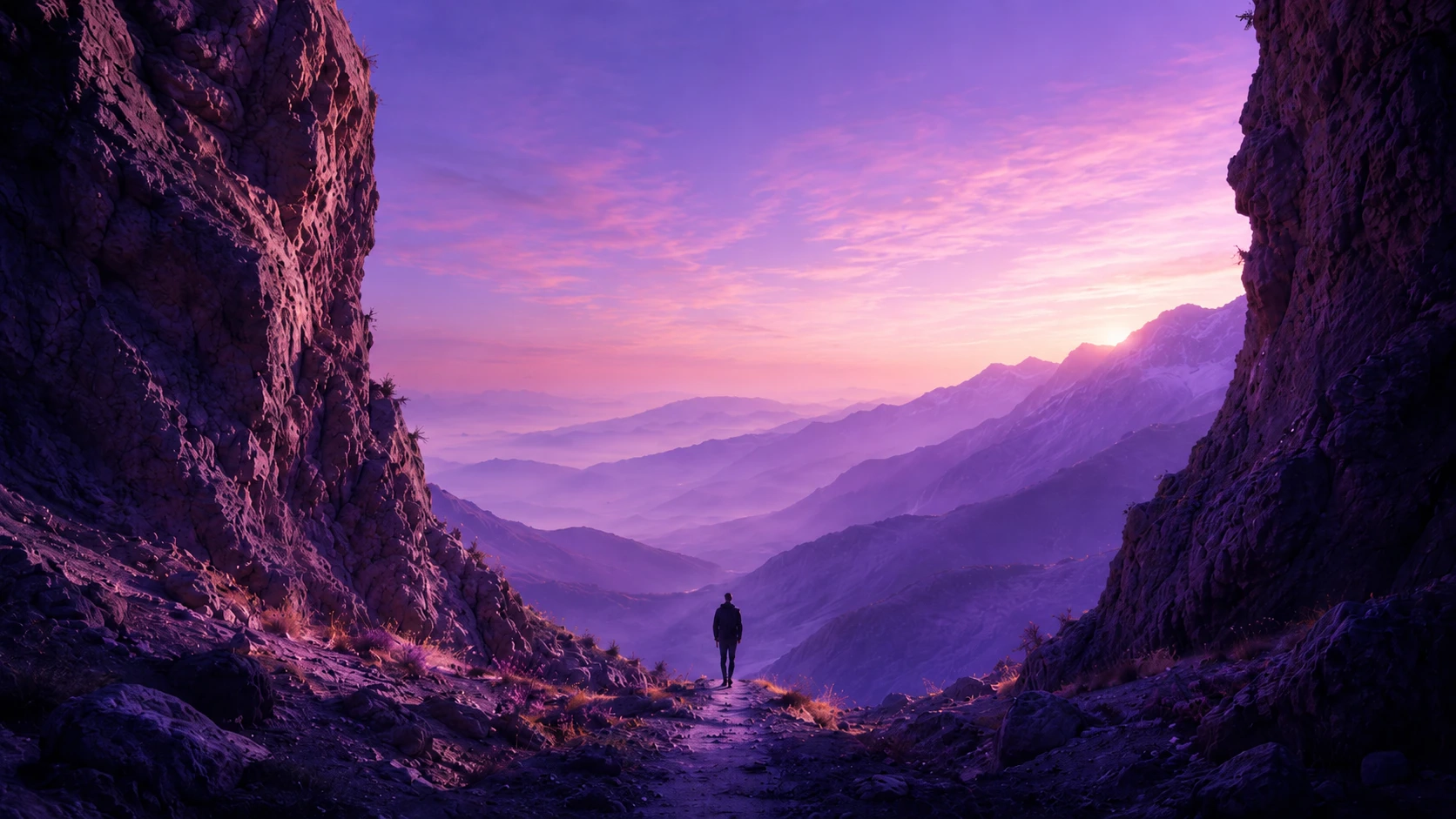 A person walks between mountain walls towards a violet-lit valley, representing the search for a measurable trading edge.